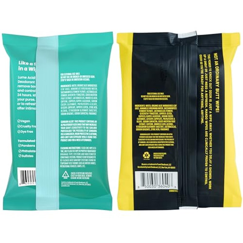 Mando Deodorant Wipes and Lume Acidified Deodorant Wipes (Cool Cucumber) - Aluminum Free, Baking Soda Free, Skin Safe, Skin Loving - 15 Count (Pack of 6)