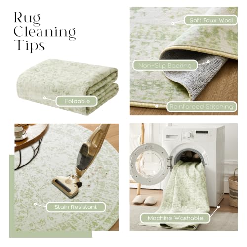 Sage Washable Area Rug 6x6 Vintage Floral Pattern for Living Room - Round 6' Sage Green