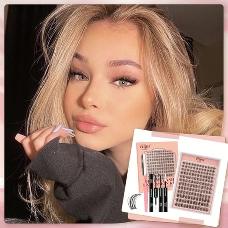 Higu clace Lash Clusters Kit, 144PCS Lashes Clusters Kit with Lash Bond and Seal, C Curl Wispy Cluster Eyelash Extensions Natural Look with Thin Band Easy to use for Beginners (A09£©