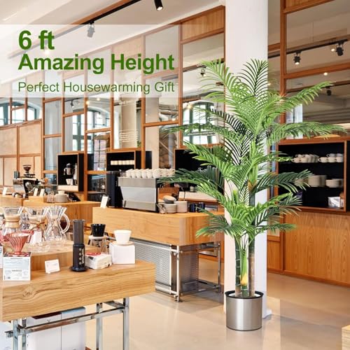 Keeplush 6ft Triple Golden Cane Palm Artificial Tree in Pot - Indoor/Outdoor, UV Resistant, Realistic 3-Trunk Tropical Plant