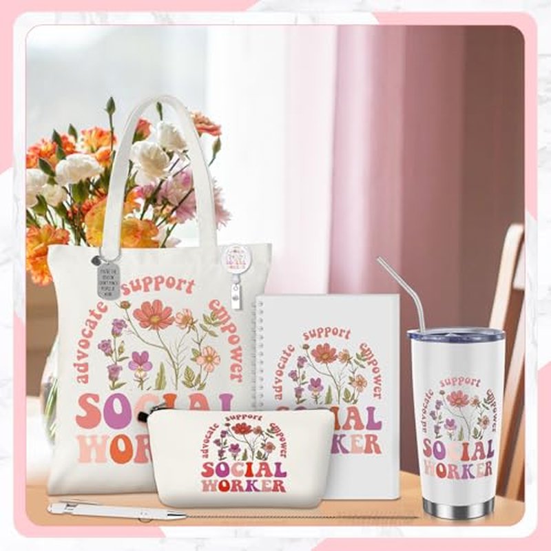 7 Pcs Social Worker Gifts Set for Women Include Canvas Bag Cosmetic Bag 20 oz Thermos Cup Keychain Badge Holder Notebook Pen for Volunteers School Social Worker Gift