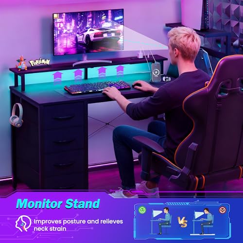 Carbon Fiber Black Gaming Desk 51 Inch with Drawers LED Lights & PC Stand