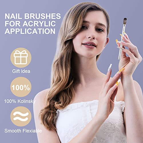 2Pcs Acrylic Nail Art Brush Size 10, 100% Pure Kolinsky Hair Oval Nail Brush for Acrylic Application, Professional Nail Extension Manicure Tool Striping Nail Drawing Pen for Home Salon