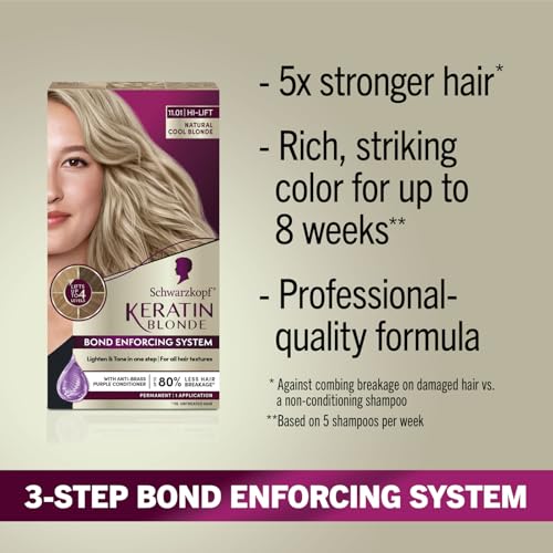 Schwarzkopf Keratin Blonde Hair Dye, 11.01 High Lift Natural Cool Blonde, Professional Quality Permanent Hair Color, Bond Enforcing System, Pre-Color Serum & Conditioner Included