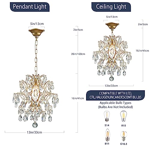 Bestier Gold Modern Pendant Chandelier with Crystal Raindrops - D13" x H16" Ceiling Light for Dining & Living Room