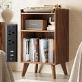 Walnut Record Player Stand with Storage, Charging Station & USB Ports