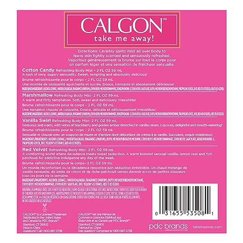 Calgon Take Me Away 4-Piece Body Mist Gift Set for Women – Cotton Candy, Vanilla, Red Velvet
