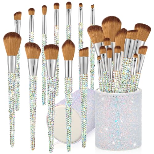 Silver & Yellow Rhinestone Makeup Brush Set - 13 Pcs Professional Cosmetic Tools