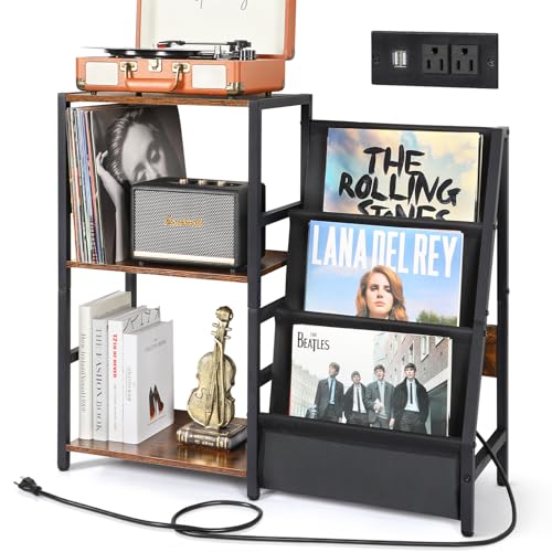 Bikoney Record Player Stand with Power Outlet & 3-Tier Vinyl Storage, Brown & Black, Fits Up to 200 Albums