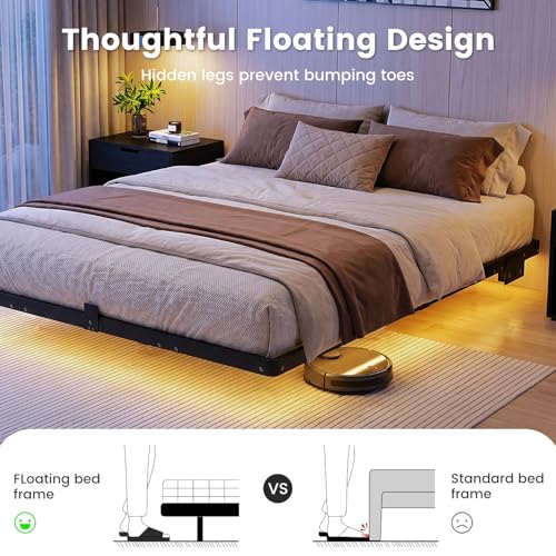 Queen Floating Bed Frame with Smart LED Lights & USB Charging Station