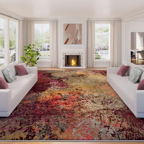 8x10 ft Modern Abstract Washable Area Rug - Non-Slip Backing, Short Pile, Red & Orange