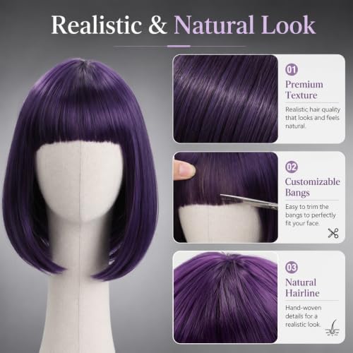 Purple Short Bob Wig with Bangs for Women - Halloween & Cosplay Costume