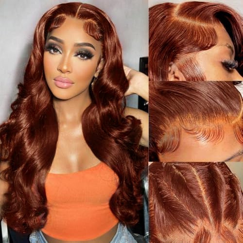Reddish Brown Body Wave Lace Front Wig - 24 Inch Human Hair, 13x6 Deep Parting