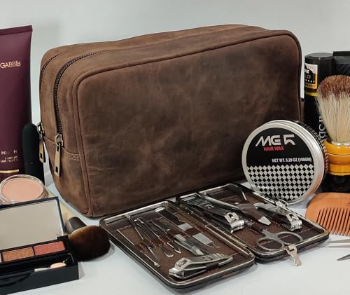 Leather Travel Toiletry Bag for Men Dark Brown Full-Grain Buffalo Leather Dopp Kit