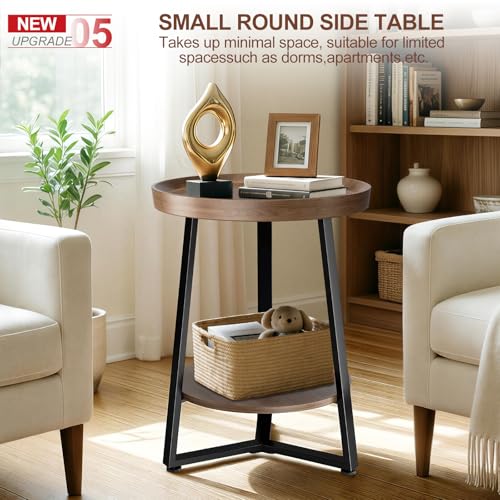 Walnut 2-Piece Round End Table Set with Tray Top and Child-Safe Edges - Modern Farmhouse Style