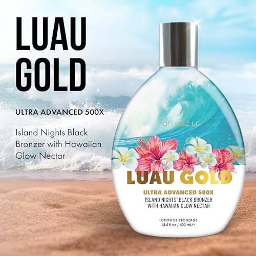 Tan Asz U Luau Gold Tanning Lotion, 500X Ultra Advanced Island Nights Black Bronzer Tanning Lotion with Hawaiian Glow Nectar, Peptides & Ceramides, 13.5 Fl Oz