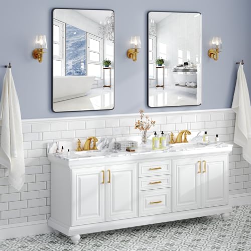 36x24 Bathroom Vanity Mirror with Black Aluminum Frame, Rectangular Wall Mirror with Rounded Corners