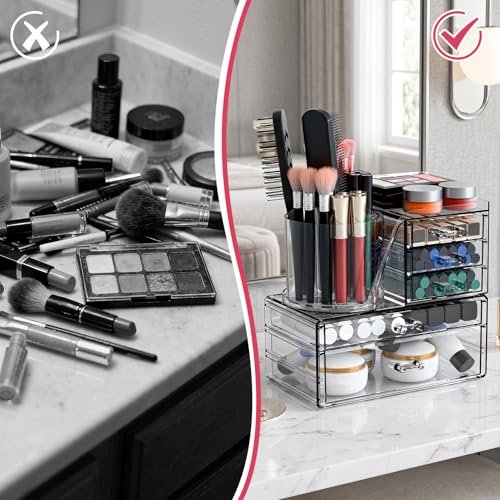 Acrylic Makeup Organizer 2 Tiers & 5 Drawers with Rotating Brush Holder - Clear Vanity Storage, Stackable & Space Saving, Variation: 2 Tiers 5 Drawers
