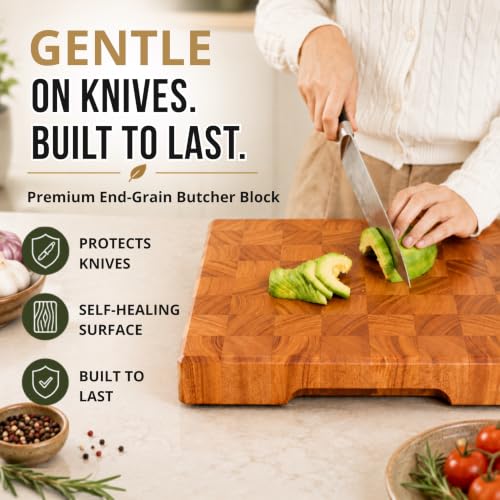 Mahogany End Grain Cutting Board 12.6x12.6in with Holder – Knife-Friendly, Heavy Duty