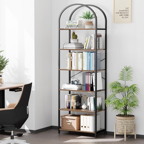 Homhedy 6-Tier Arched Bookshelf - 23.6W Tall Rustic Book Storage Rack