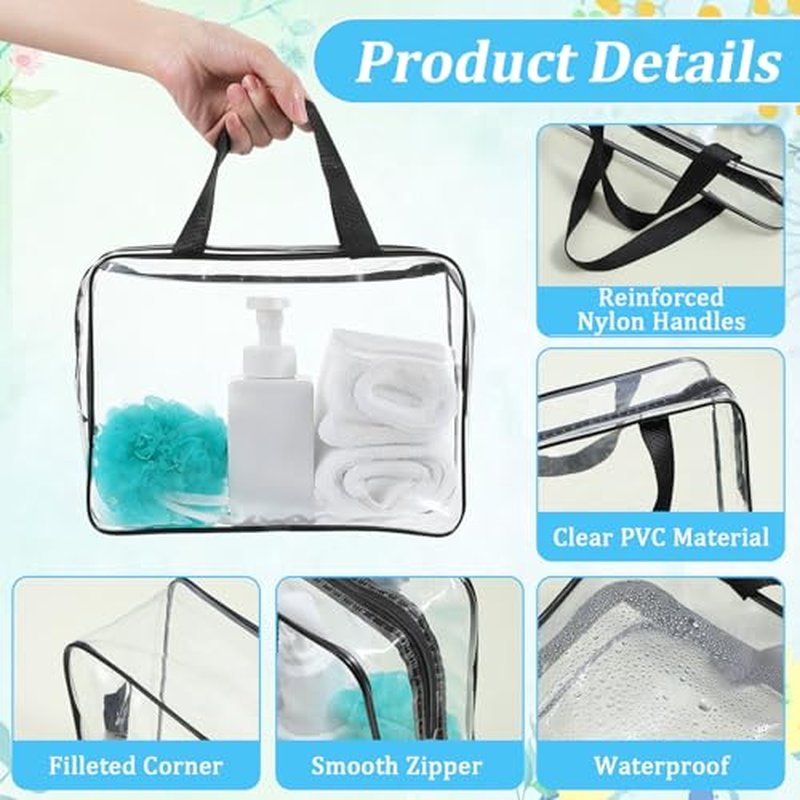 10 Pack Large Clear Makeup Bags with Zipper Handle, 12x9x4 Inch PVC Toiletry Travel Bag Waterproof Cosmetic Tote Pouch Transparent Storage Organizer for Women Men