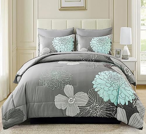 Yiran Floral Comforter Set California King Size 7 Pieces Grey Bed in a Bag - Variation: Grey / California King 104x96