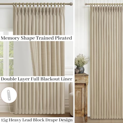 Natural Linen Room Darkening Curtains 40W x 108L Set of 2 - Neutral Blackout Drapes with Back Tab