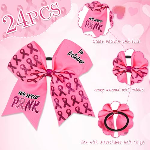 Rose Pink Breast Cancer Awareness Cheer Bows Set with Tattoos - Glitter Pink