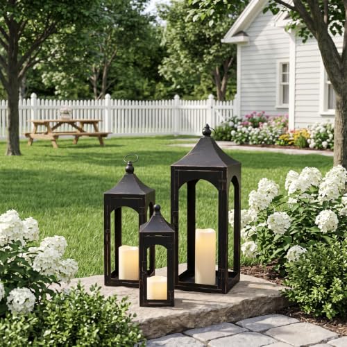 Decorative Lanterns Set of 3 - Bronze Outdoor Metal Candle Holders with LED Candles