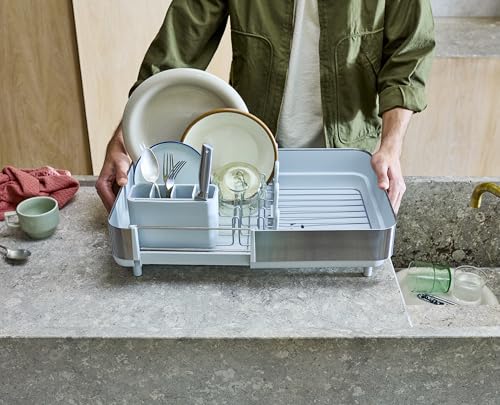 Joseph Joseph Steel Plus Extendable Dish Rack - Small to Large with Wine Glass Holder & Drain Spout - Light Stone Variation
