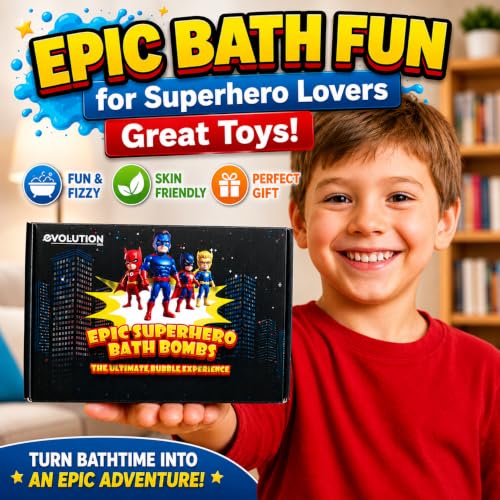 EvolutionUSA Black Epic Superhero Bath Bombs Set with Surprise Toys - 6 Large Organic Kids Bath Balls