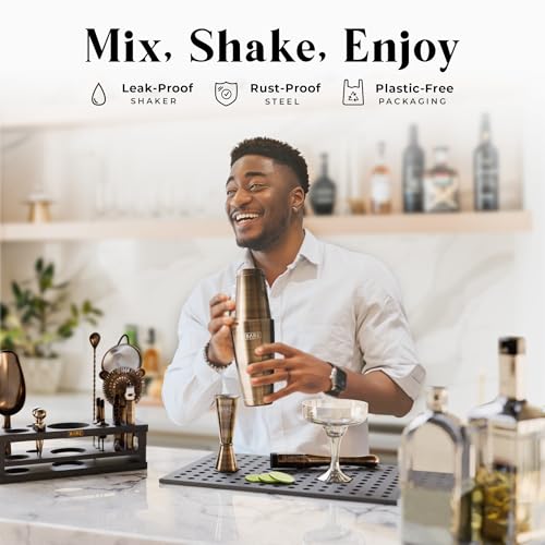 Mixology Bartender Kit Bar Set with Brass/Black 28oz Boston Shaker - Includes 16 Tools & Recipe Cards