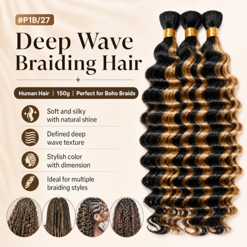 Blonde Deep Wave Human Braiding Hair Bundles - 22 Inch, 150g, Variation #P1B27-BRD-150g