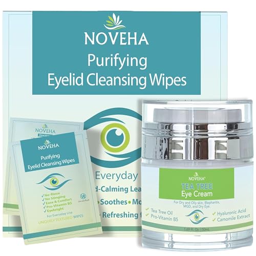 NOVEHA Sensitive Eye Care Bundle ? Eyelid & Lash Wipes (60pcs) + Tea Tree Anti-Wrinkle Eye Cream 1.69 fl oz | Hydrating Daily Routine for Itchy Lids, Dry Skin & Wrinkles
