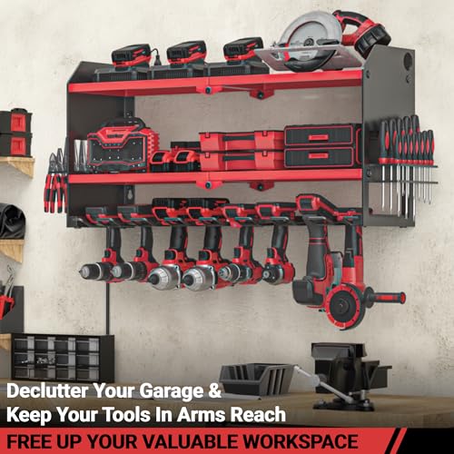 YYR Power Tool Organizer with Charging Station—Wall Mount, Surge Protected Power Strip, Red Shelf