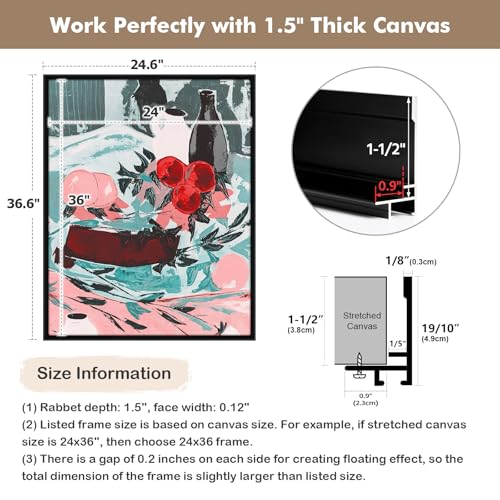 36x36 Black Float Frame for Stretched Canvas Art - 1.5 Inch Deep, Modern Metal