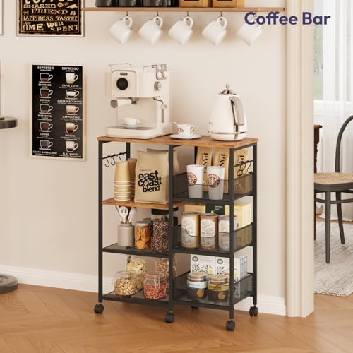 SWTYMIKI Espresso Kitchen Island Cart on Wheels - 4-Tier Rolling Storage with Hooks