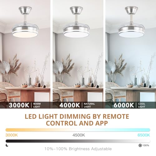 30-Inch Retractable Ceiling Fan with Lights - Brushed Nickel, Dimmable LED, Remote Control, 6 Speeds