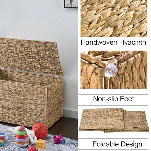 Water Hyacinth Storage Basket with Lid - 105L Natural Wicker Bin 26x15.7x15.7 Inches