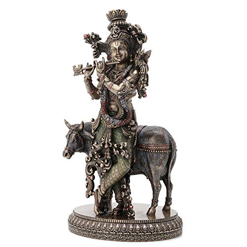 Krishna Playing Flute with Holy Cow Sculpture - Hindu Mythology Decor