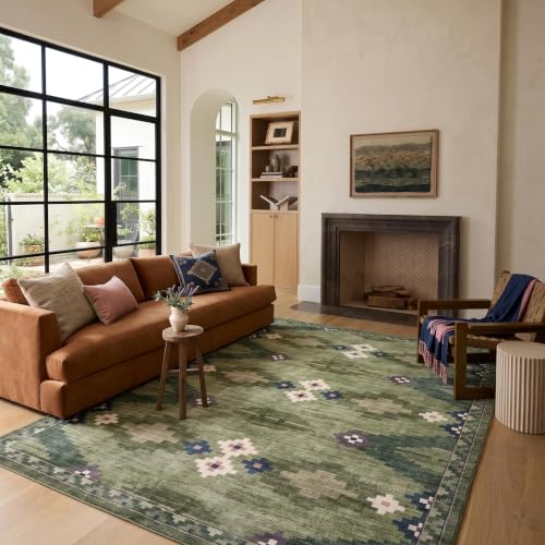 Green 8x10 Washable Area Rug for Living Room & Bedroom Non Slip Geometric