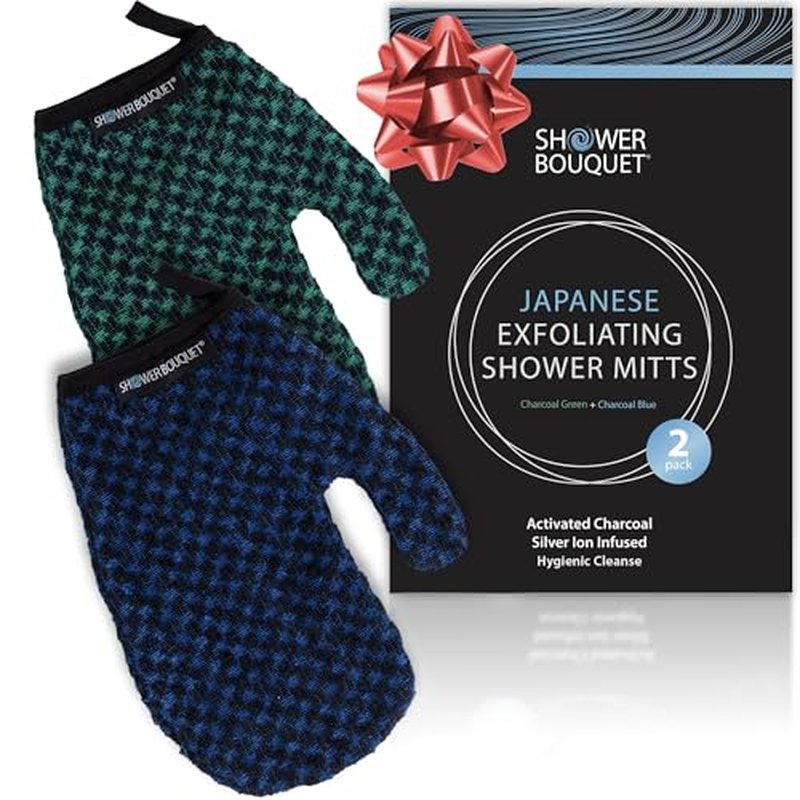 Japanese Exfoliating Mitt 2-Pack - Charcoal & Silver Ion Exfoliating Gloves for Shower - Soft Inner Fabric Gentle Exfoliation & Deep Cleansing Body Scrub Gloves for All Skin Types - 1 Blue, 1 Green