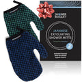 Japanese Exfoliating Mitt 2-Pack - Charcoal & Silver Ion Exfoliating Gloves for Shower - Soft Inner Fabric Gentle Exfoliation & Deep Cleansing Body Scrub Gloves for All Skin Types - 1 Blue, 1 Green