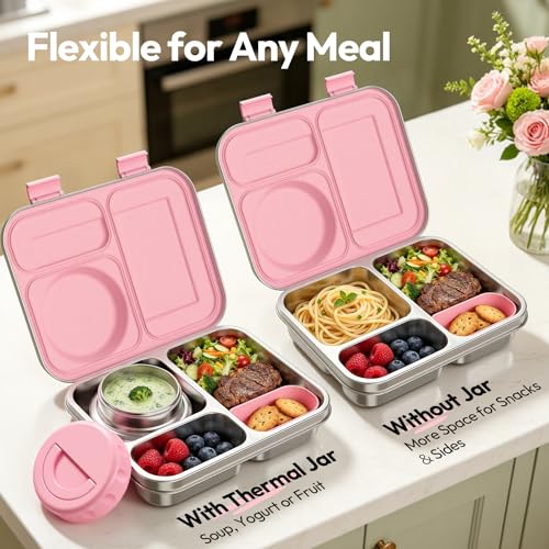 Pink Stainless Steel Bento Lunch Box with 8oz Insulated Food Jar & 3 Compartments