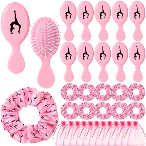 Pink Gymnastics Hair Ties & Hairbrush Set for Girls and Women - 36 Pack