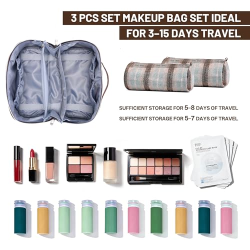 Travel Makeup Bag Set for Women - Scottish Plaid, E-3 Beige, 3-Piece