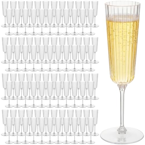 Clear Plastic Ribbed Champagne Flutes Set of 100, 6.4 oz Disposable Drinkware for Parties