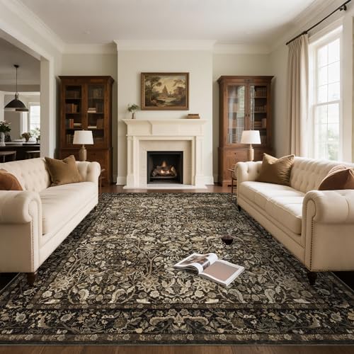 Vintage Floral Area Rug 8x10 ft - Brown & Gold Washable Living Room Carpet