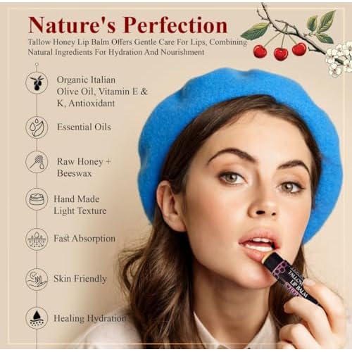 Organic Tallow Lip Balm (5 Pack) - Hydrating With Organic Italian Olive Oil, Pure Grass Fed Tallow, and Beeswax - Long Lasting Lip Therapy (5 Pack, Fresh Mint)