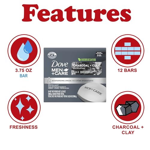 Dove Men + Care Bar Soap Charcoal Clay, 12 Count, 3 in 1 Body Face and Hand Exfoliating, Purifying Bar Soaps for Men, Plant Based with Essential Oils, Moisturizes Dry Skin, Clean Scent, 3.75 oz. Each